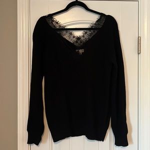 S/M Black Ribbed Boutique Sweater With Lace Neckline
